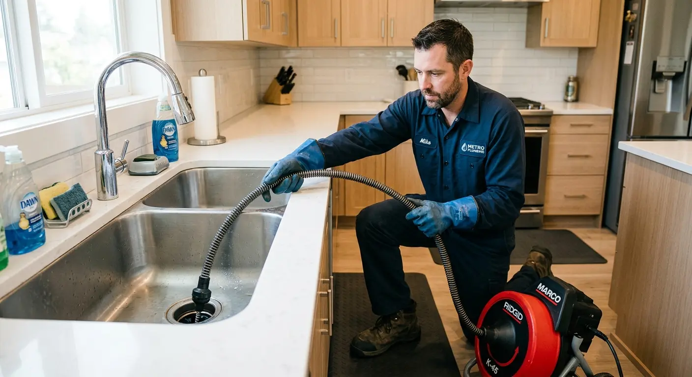 Drain cleaning technician using a motorized snake on a kitchen sink in Wylie