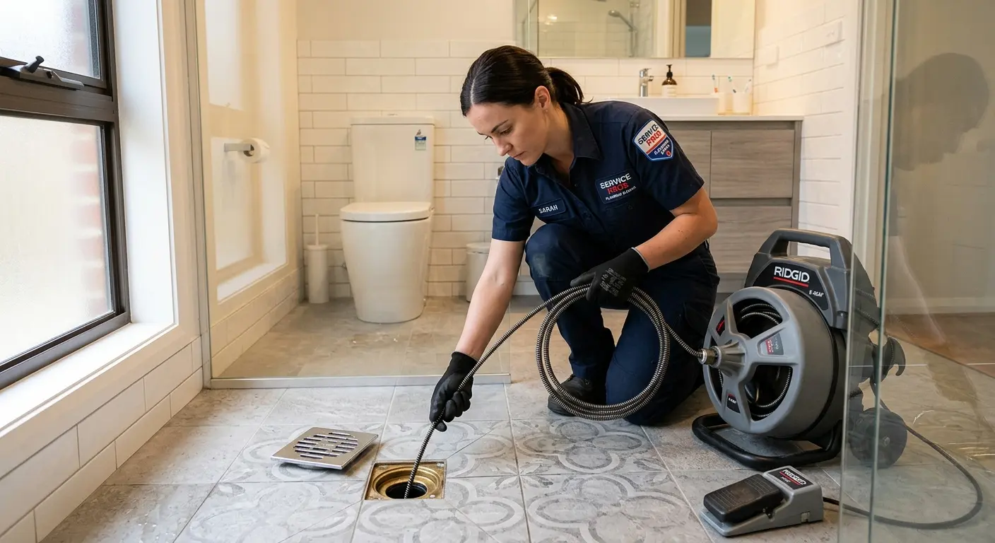 Technician clearing a bathroom floor drain for Sewer Line Installation in Wylie